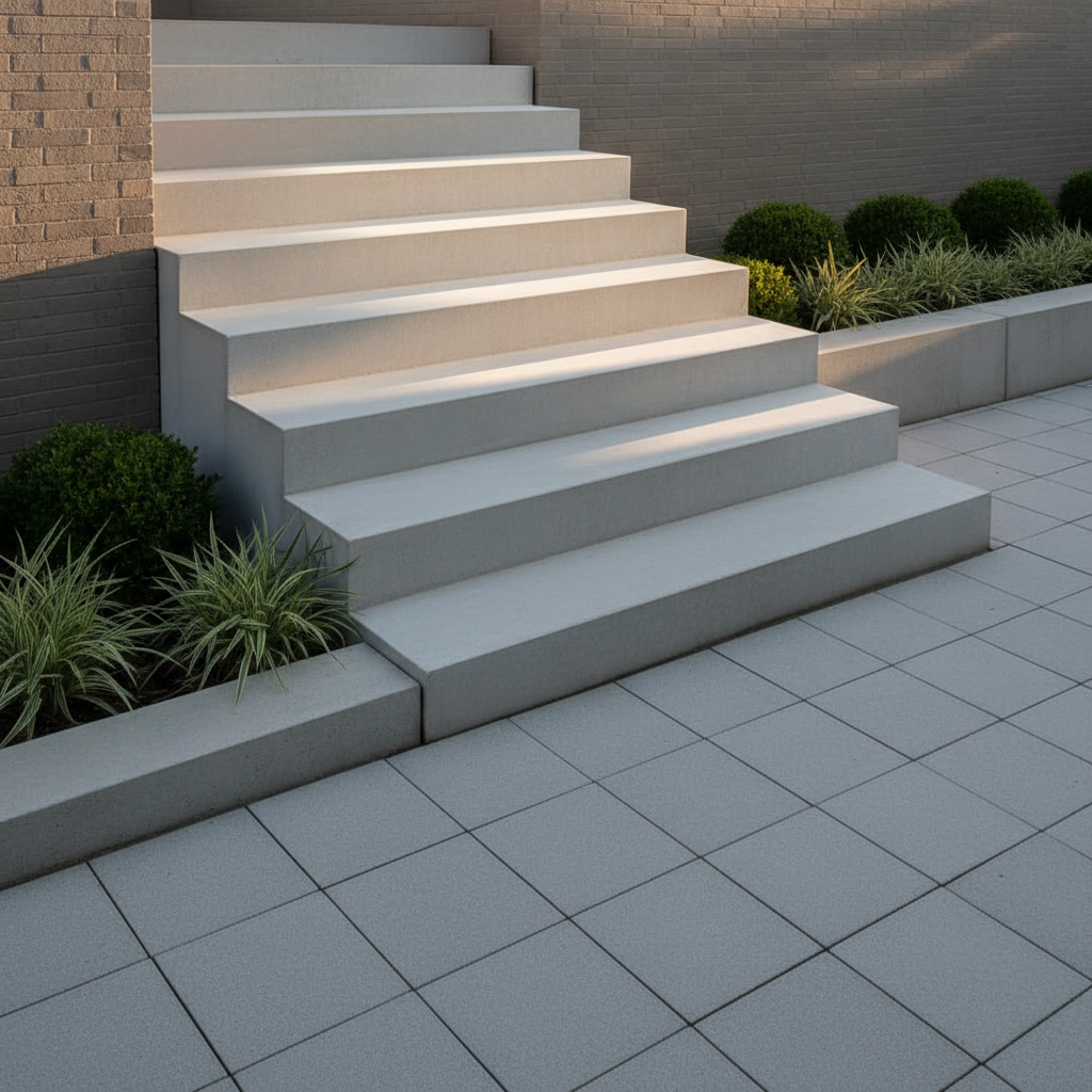 A detailed shot of a modern exterior staircase constructed from robust, precisely finished concrete steps leading up from a minimalist paved courtyard. The steps feature clean, straight edges and a smooth surface, with a sturdy masonry wall flanking one side. The surrounding area is immaculate, with subtle landscaping elements emphasizing order and structure. Gentle, late afternoon sunlight creates soft, linear shadows across the stair treads, highlighting the quality of workmanship. Photographed from a slightly offset, eye-level angle with sharp focus on the staircase and balanced spatial composition, the overall style exudes professionalism and attention to architectural standards, perfectly suiting a custom masonry services business.