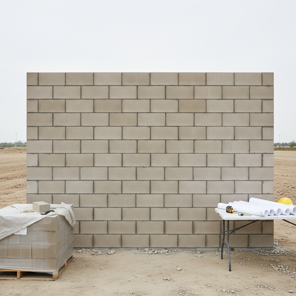 A meticulously laid masonry wall constructed from high-quality, neutral-toned concrete blocks with smooth, uniform joints and crisp edges. The wall stands in front of carefully leveled earth on a modern construction site, flanked by neat stacks of building materials and architectural plans resting on a clean portable table. The scene is bathed in diffused midday daylight, casting soft, even shadows and highlighting the subtle texture of the blockwork. The composition is balanced and orderly, shot at an eye-level perspective with sharp focus throughout, framing the wall symmetrically. The mood is calm, professional, and reliable, embodying photographic realism and a clean, corporate aesthetic appropriate for showcasing expert masonry craftsmanship.