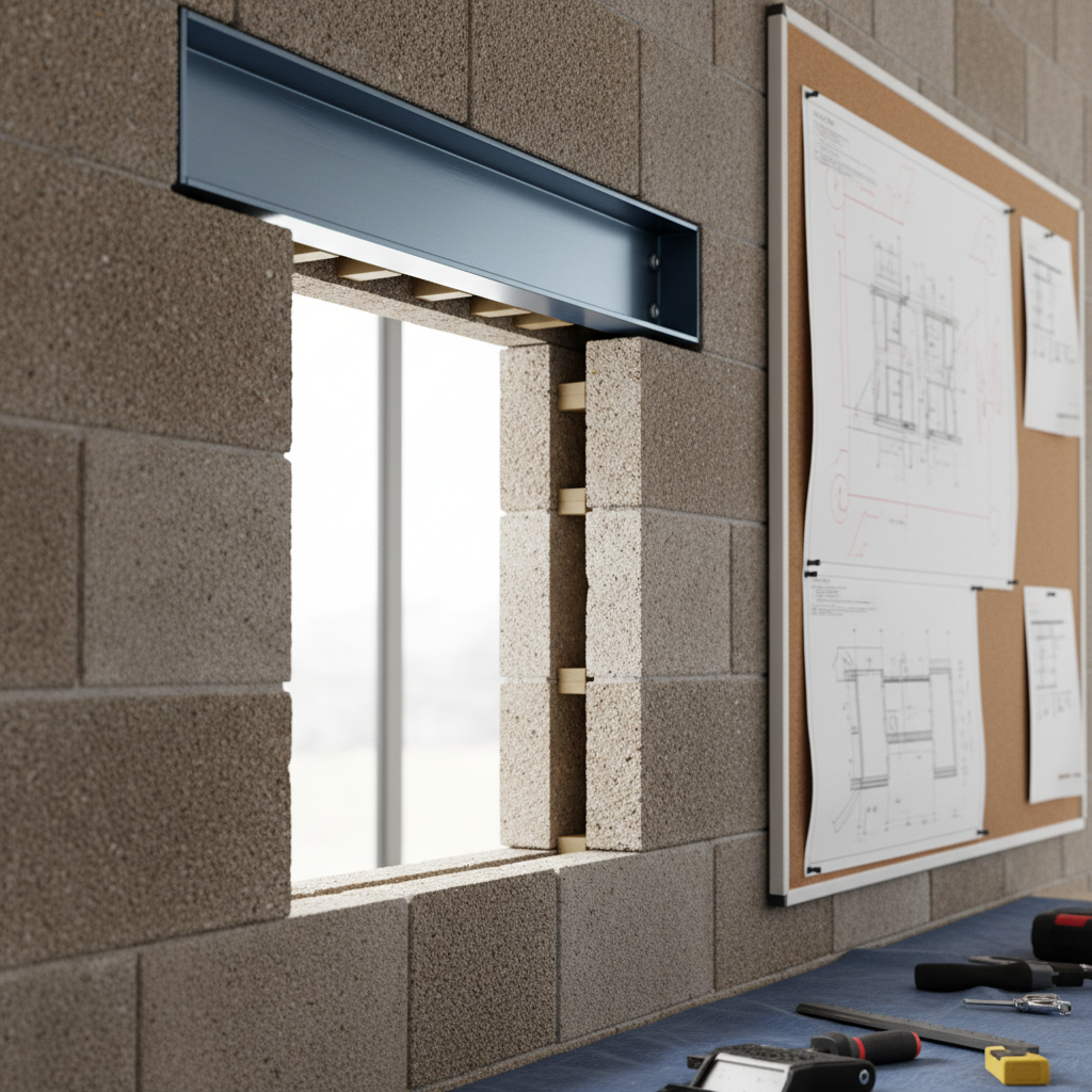 A close-up of a newly created opening in a load-bearing masonry wall, the sharp-edged cut revealing the aggregate and fine-grained texture of the concrete blocks. Crisp lintel installation above the opening demonstrates technical expertise and attention to safety. The setting includes architectural diagrams pinned on a nearby board and tidy, dust-free surroundings, highlighting professional site management. Bright but diffused daylight pours in through an unseen window, casting soft, controlled shadows and illuminating the precise brickwork. Captured from a low-angle perspective, the composition draws attention to the quality of the cut and structural reinforcement. The mood is strong and reassuring, rendered in photo-realistic, neutral tones for a contemporary business finish.