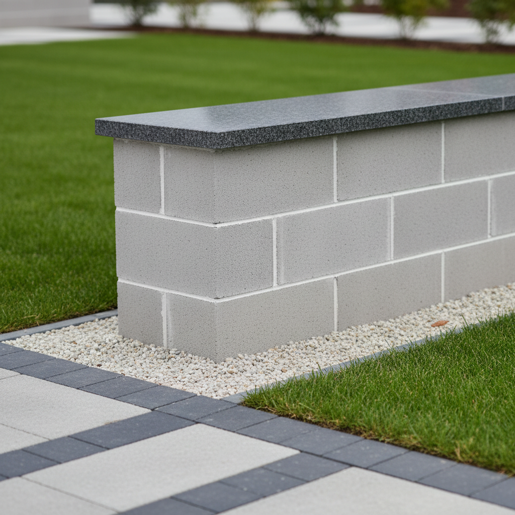 An expertly crafted concrete muret (small retaining wall) with perfectly aligned, pale gray blocks, crisp mortar seams, and a sleek, polished stone coping cap. The muret encloses a tidy, gravel walkway edged by geometric, paved hardscaping and a patch of manicured green lawn in a well-planned exterior renovation. Subtle, soft natural light from an overcast sky ensures balanced highlights and minimized glare, accentuating the wall’s precision. It is framed in a rule-of-thirds composition with a shallow depth of field, sharply focusing on the muret and gently blurring the edges of the landscaping. The atmosphere is orderly and refined, matching the structured, photographic corporate look befitting premium masonry services.