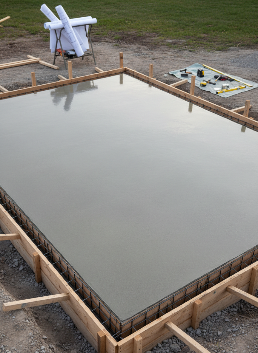 A fresh concrete slab foundation, its smooth surface reflecting a hint of light in a clean, organized residential lot. Wooden formwork lines the edges, and precise metal rebar grids are visible at the slab's edge, emphasizing careful planning. The background features subtle outlines of blueprints on a portable stand and a few minimal tools arranged purposefully. Illuminated by soft overcast light, the gentle shadows reveal the pristine texture of new concrete without harsh contrast. Captured from a slightly elevated angle, the image displays the entire foundation area, providing an aura of meticulous attention and structural stability. The style is highly photographic, with clean lines and neutral colors for a polished, professional website presence.